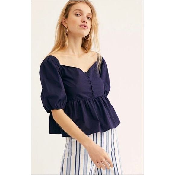 Free People Veronica Sweetheart Peplum Pure Cotton Blouse - Picture 1 of 10